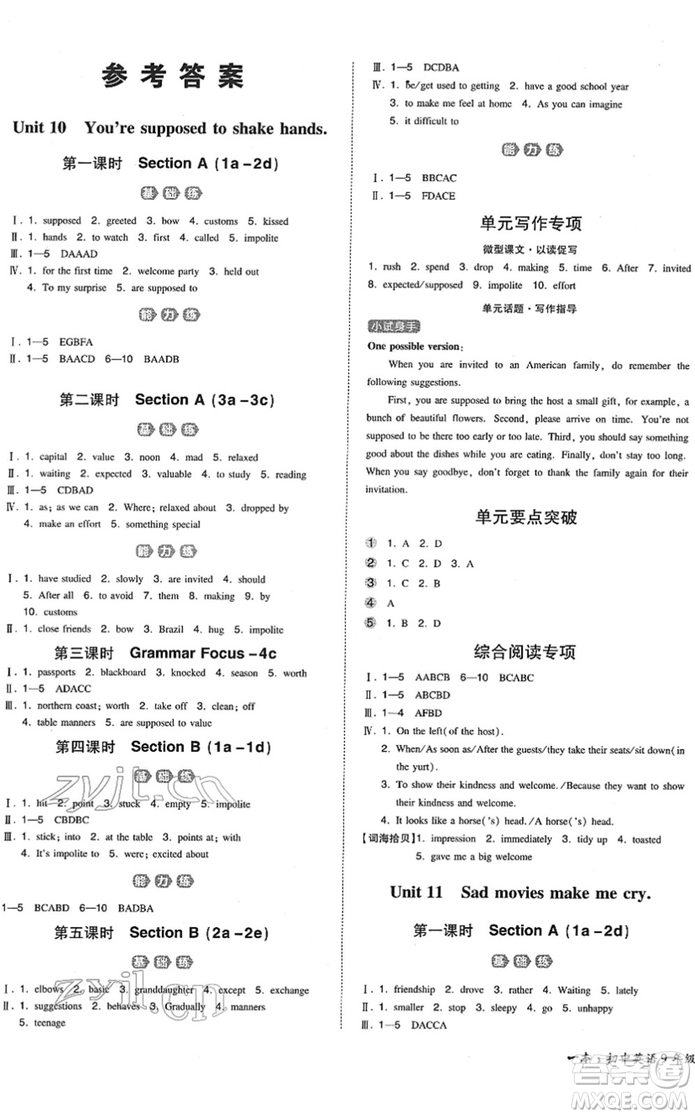 湖南教育出版社2022一本同步訓(xùn)練九年級(jí)英語(yǔ)下冊(cè)RJ人教版答案