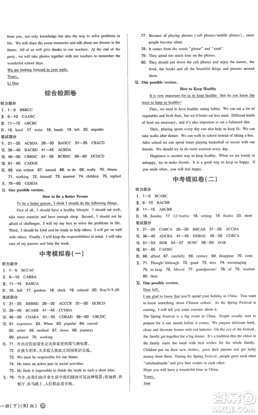 湖南教育出版社2022一本同步訓(xùn)練九年級(jí)英語(yǔ)下冊(cè)RJ人教版答案