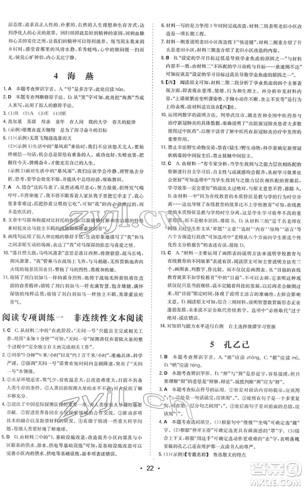 湖南教育出版社2022一本同步訓(xùn)練九年級(jí)語文下冊(cè)RJ人教版答案