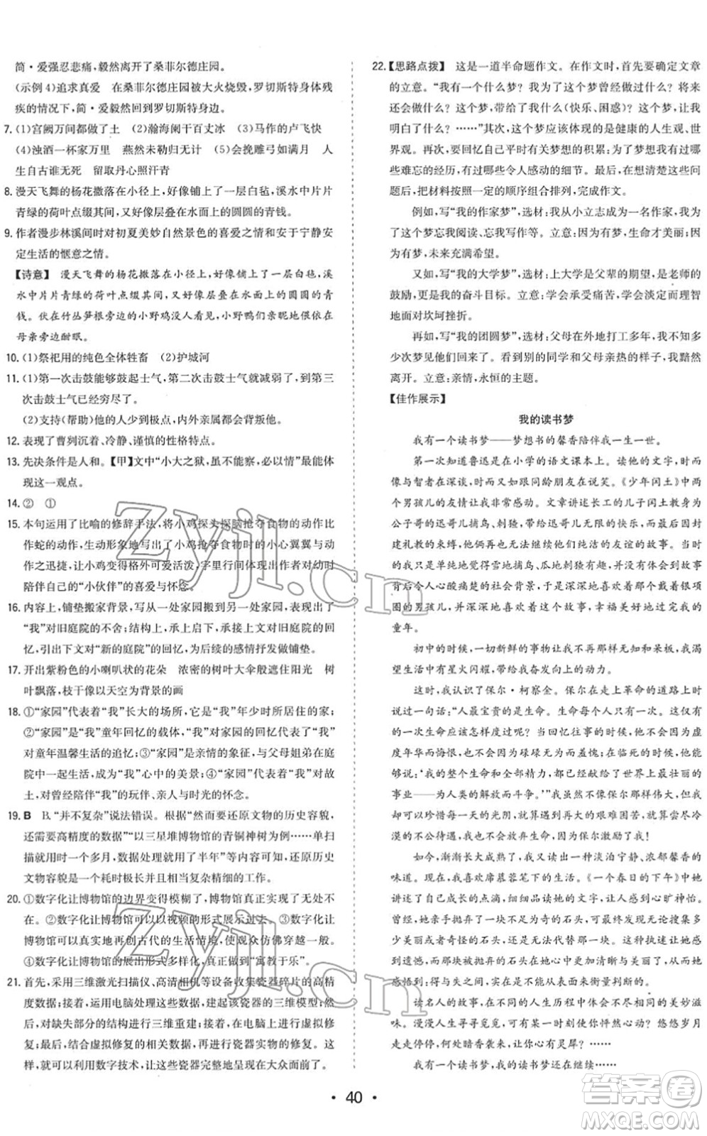 湖南教育出版社2022一本同步訓(xùn)練九年級(jí)語文下冊(cè)RJ人教版答案