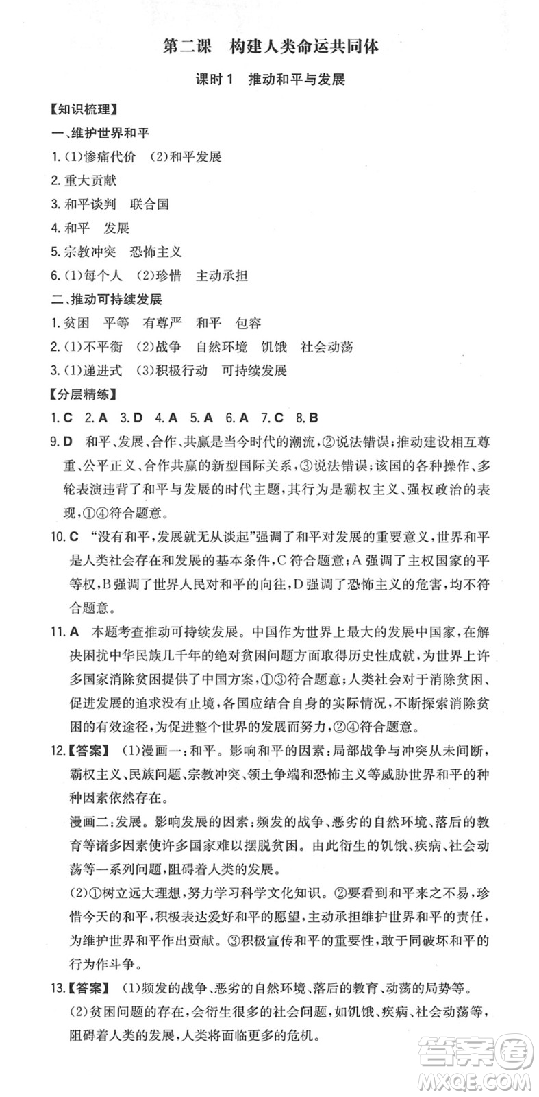 湖南教育出版社2022一本同步訓(xùn)練九年級道德與法治下冊RJ人教版安徽專版答案