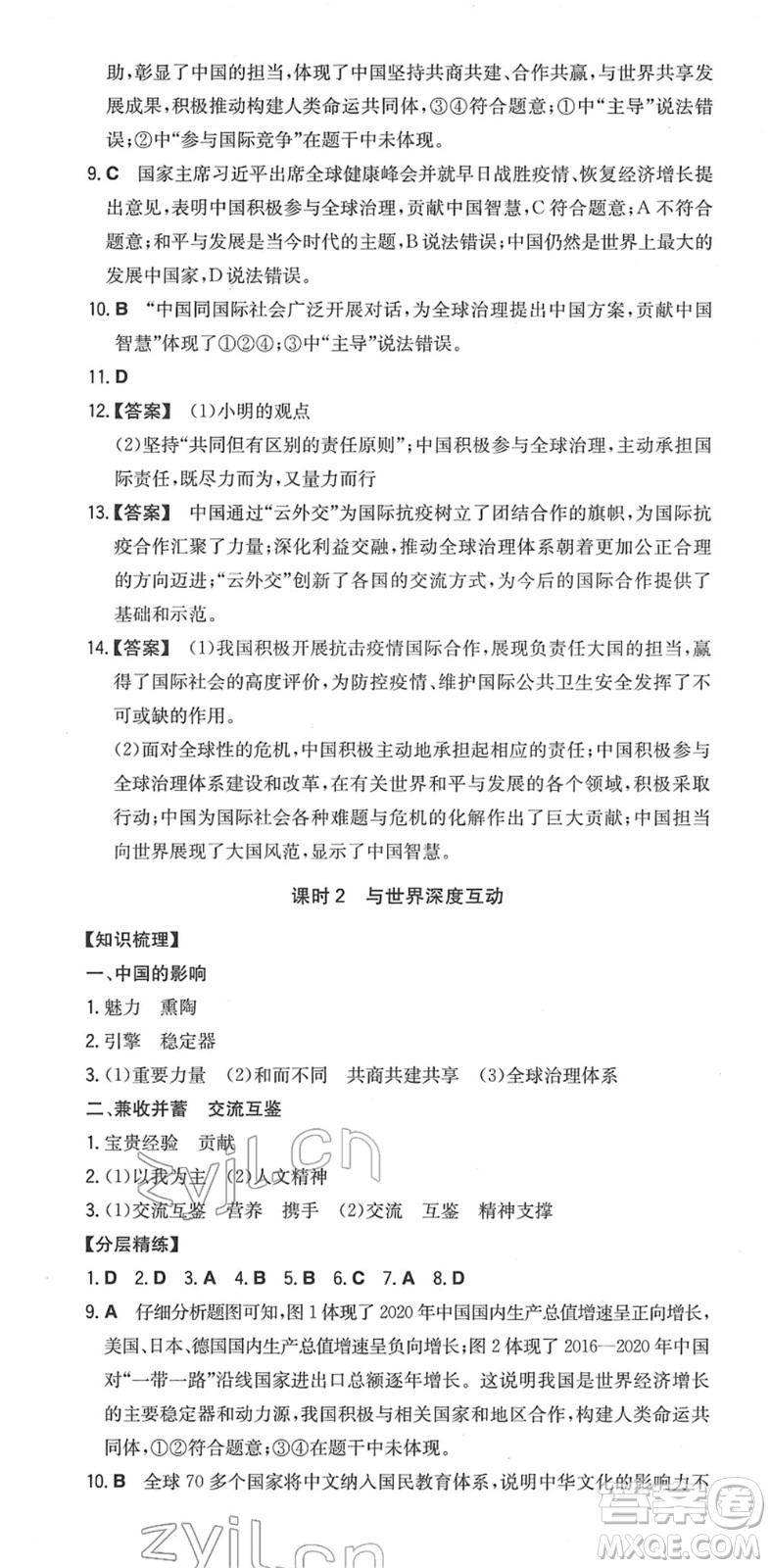 湖南教育出版社2022一本同步訓(xùn)練九年級道德與法治下冊RJ人教版安徽專版答案