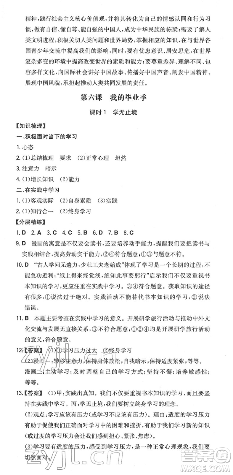 湖南教育出版社2022一本同步訓(xùn)練九年級道德與法治下冊RJ人教版安徽專版答案