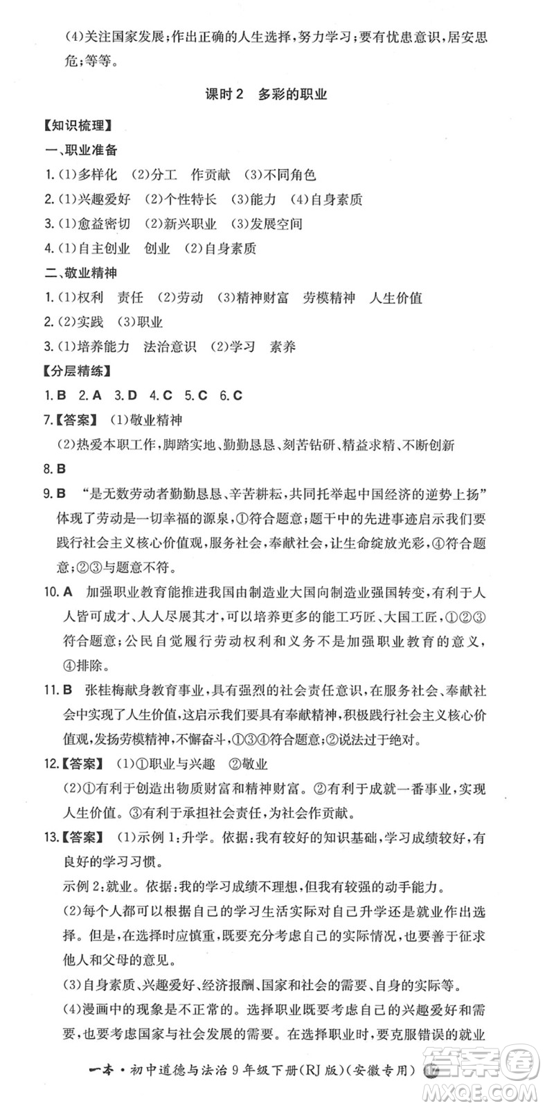 湖南教育出版社2022一本同步訓(xùn)練九年級道德與法治下冊RJ人教版安徽專版答案