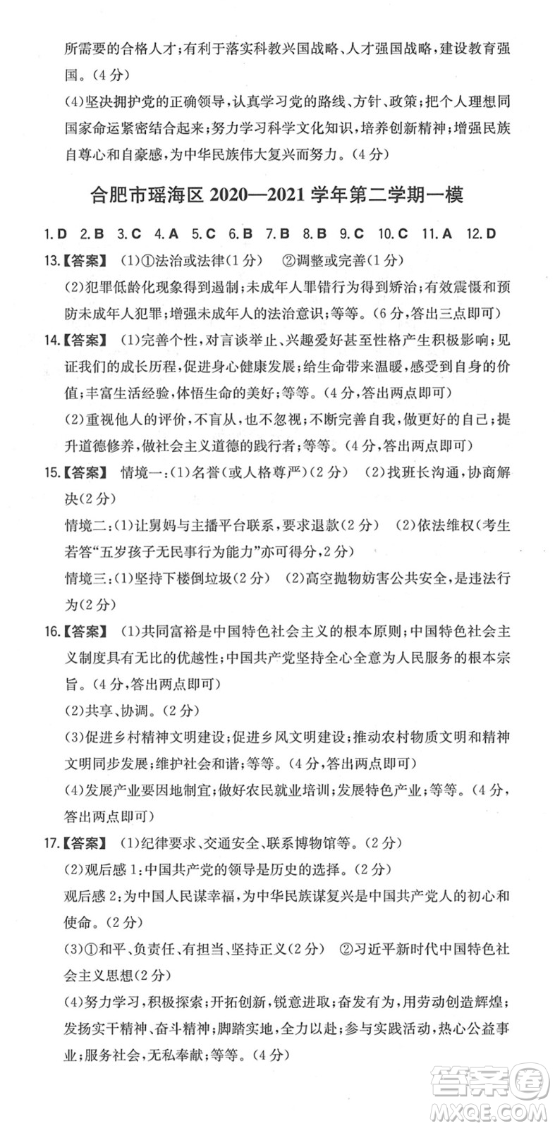 湖南教育出版社2022一本同步訓(xùn)練九年級道德與法治下冊RJ人教版安徽專版答案