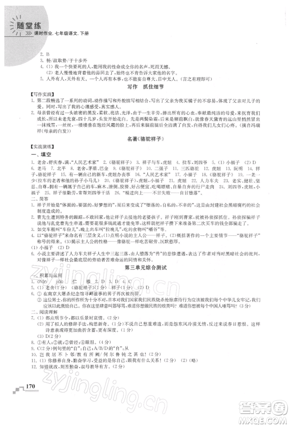 河海大學出版社2022隨堂練課時作業(yè)七年級下冊語文人教版參考答案