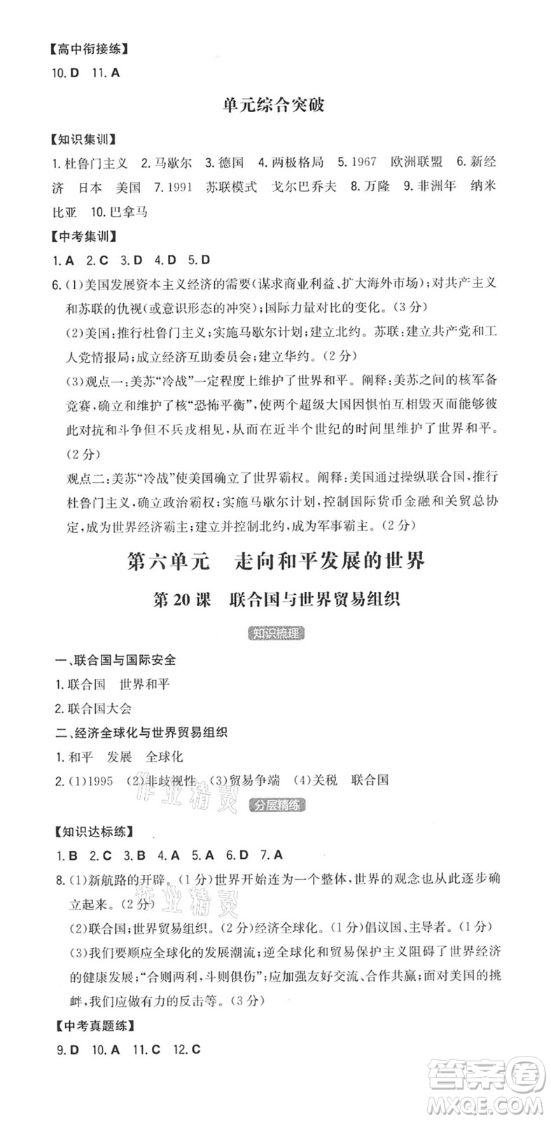 湖南教育出版社2022一本同步訓練九年級歷史下冊RJ人教版答案