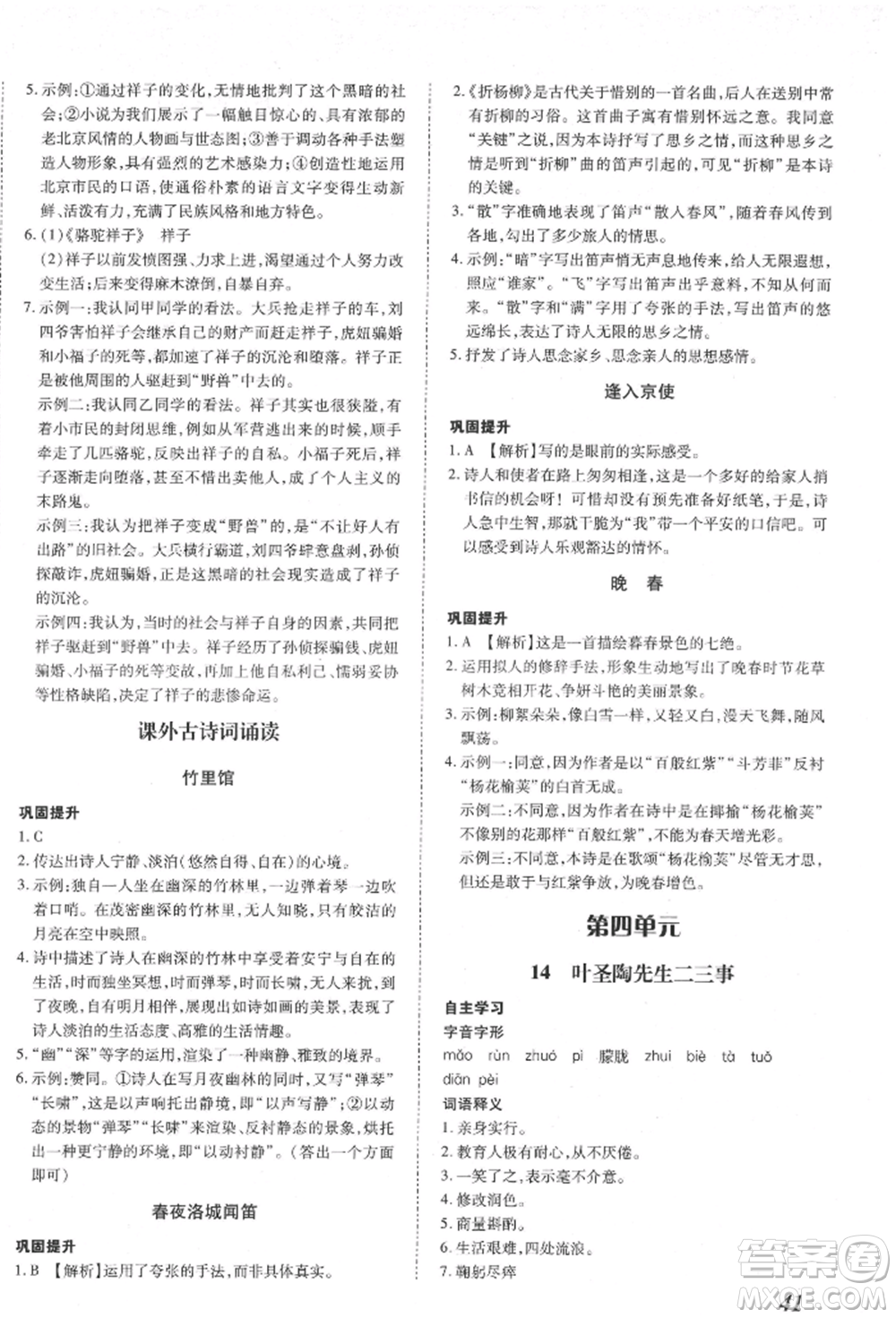 延邊大學出版社2022本土攻略七年級下冊語文人教版參考答案