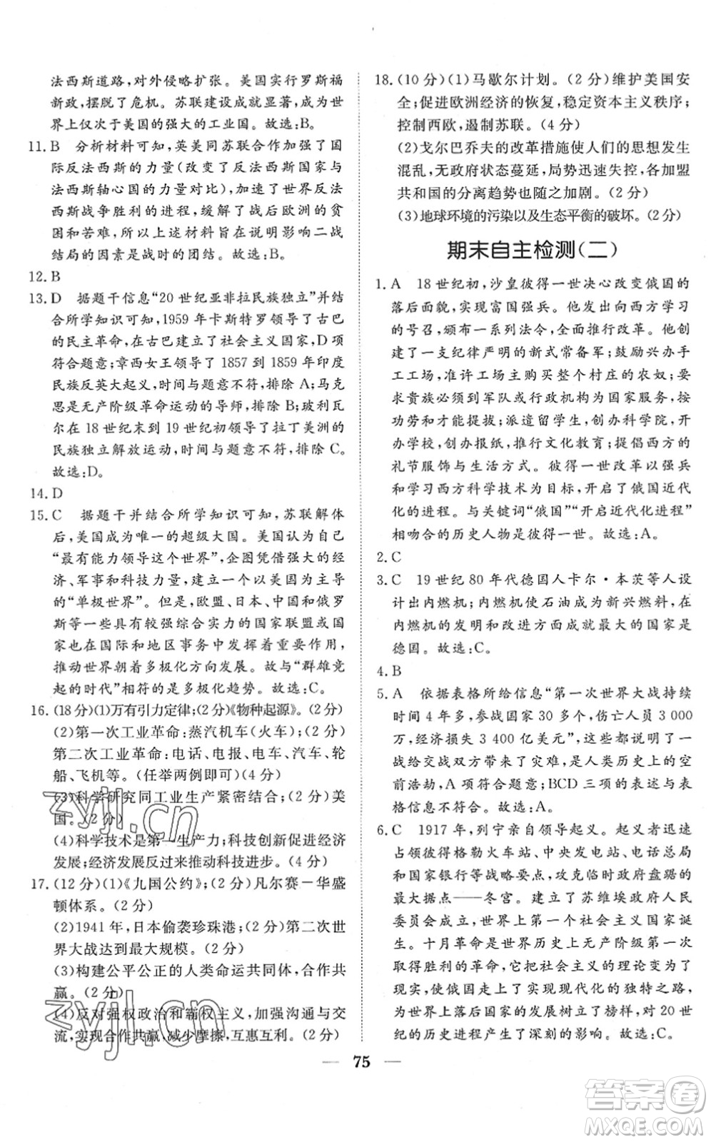 湖北教育出版社2022黃岡測試卷系列自主檢測九年級歷史下冊人教版答案