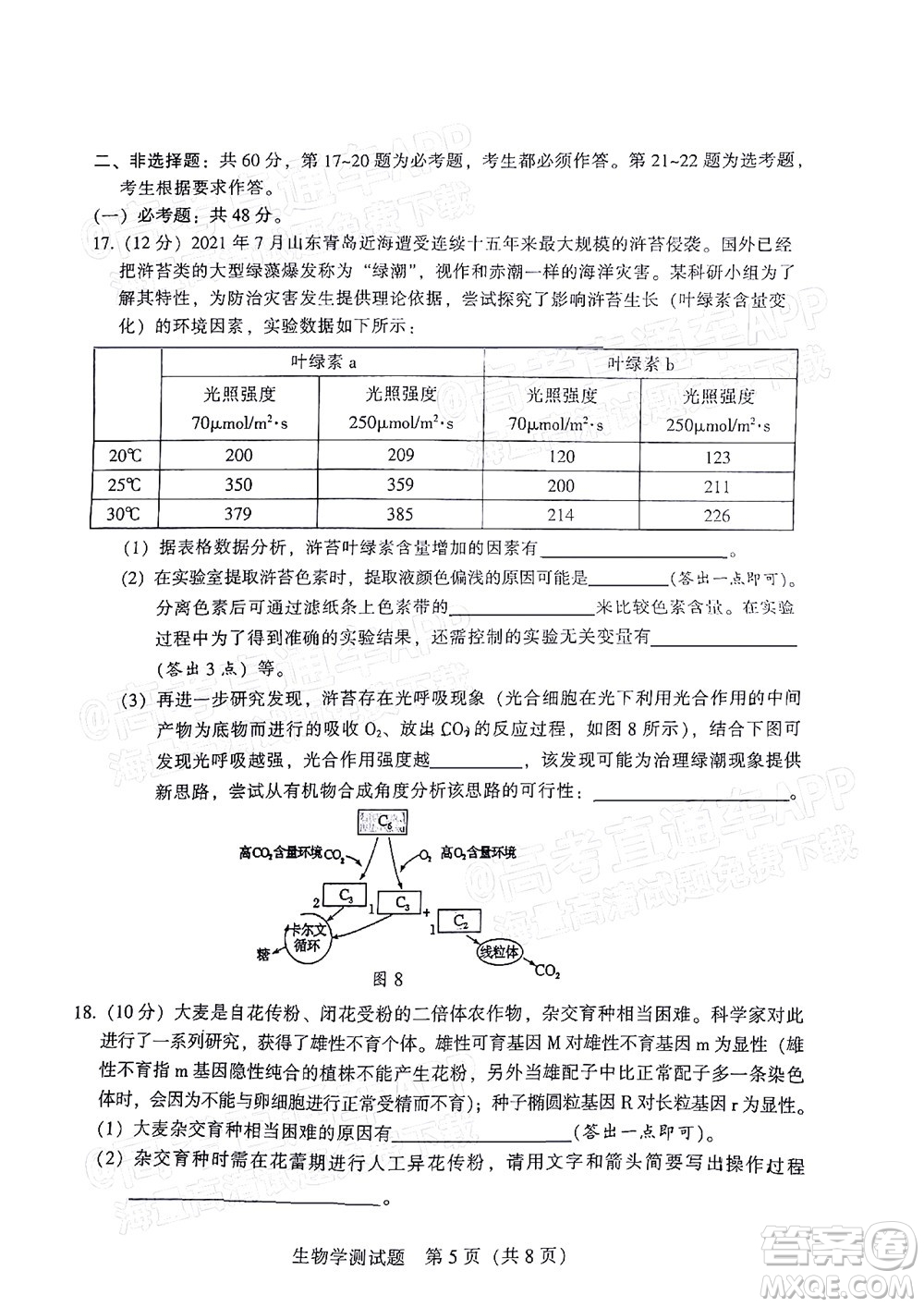 韶關(guān)市2022屆高三綜合測試二生物學(xué)試題及答案