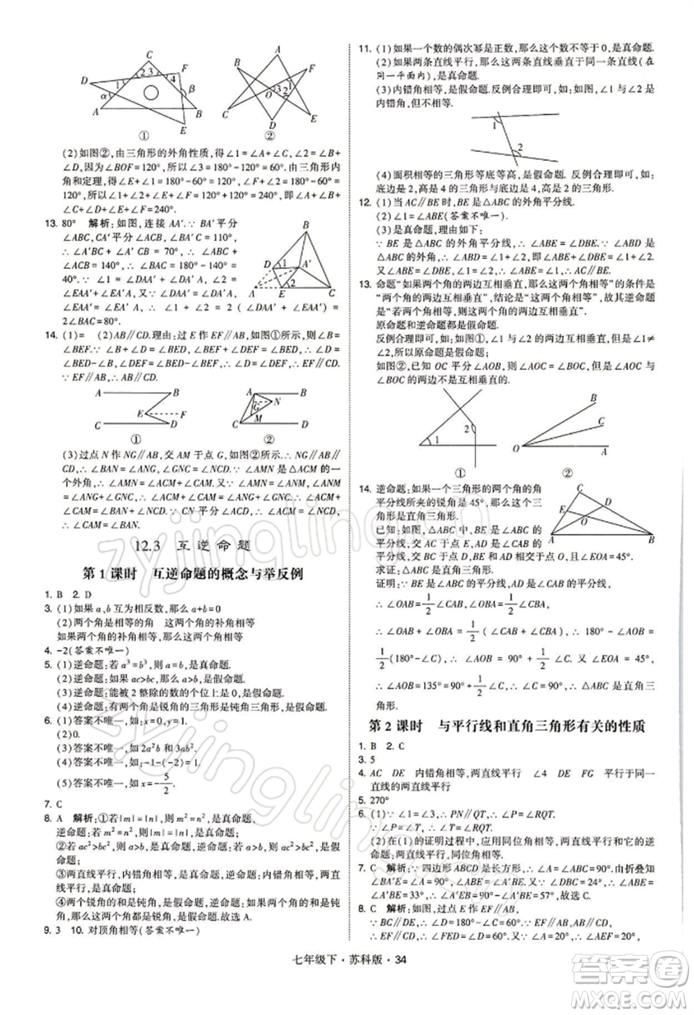 新疆少年兒童出版社2022學(xué)霸題中題七年級下冊數(shù)學(xué)蘇科版參考答案