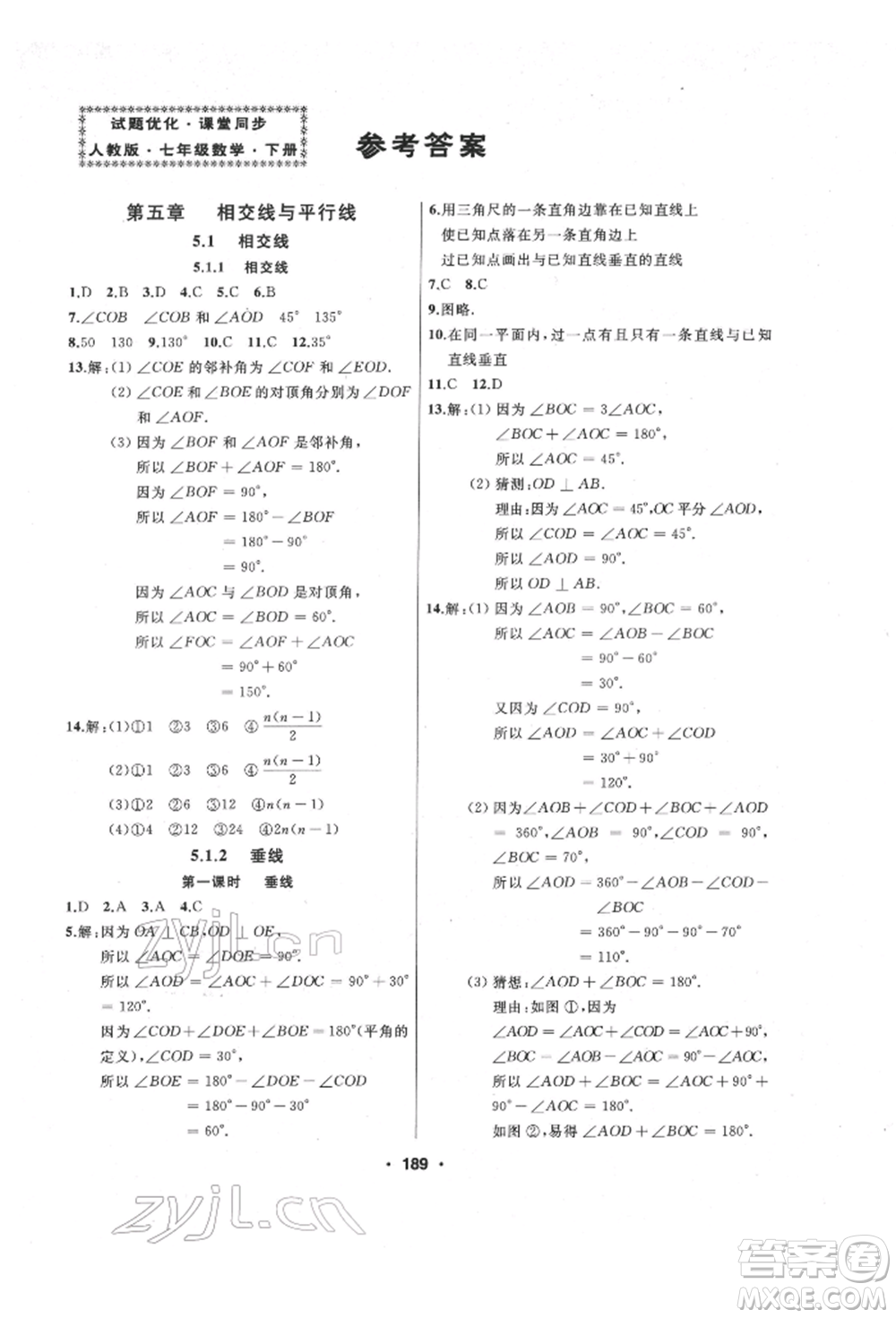 延邊人民出版社2022試題優(yōu)化課堂同步七年級下冊數(shù)學人教版參考答案