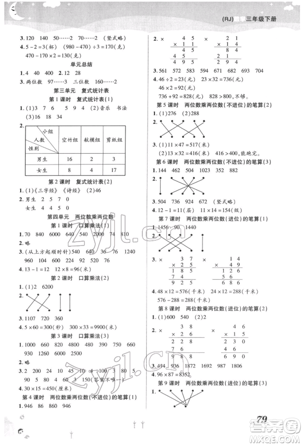 中州古籍出版社2022黃岡課課練三年級下冊數(shù)學(xué)人教版參考答案