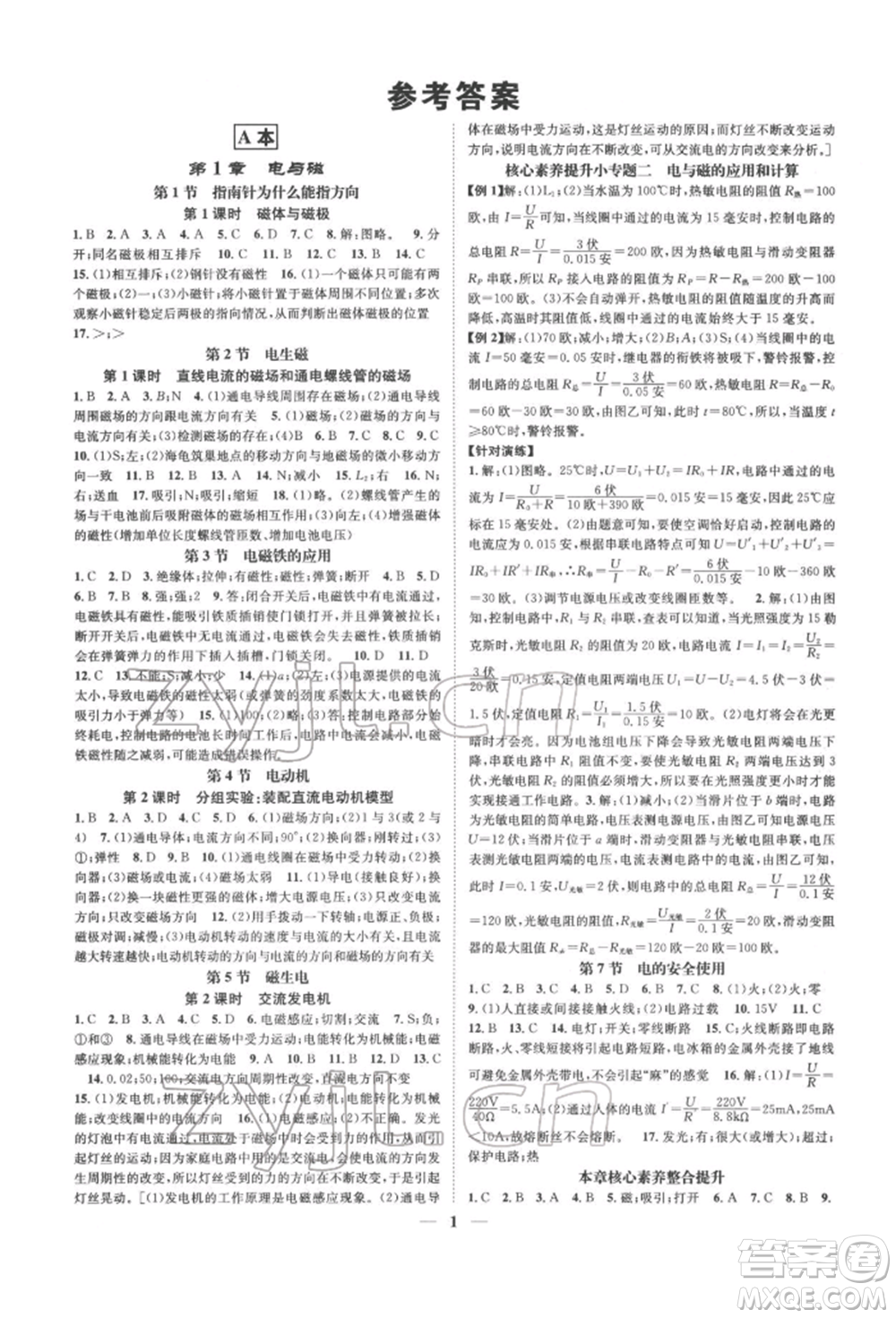 天津科學(xué)技術(shù)出版社2022智慧學(xué)堂核心素養(yǎng)提升法A本八年級(jí)下冊(cè)科學(xué)浙教版浙江專版參考答案