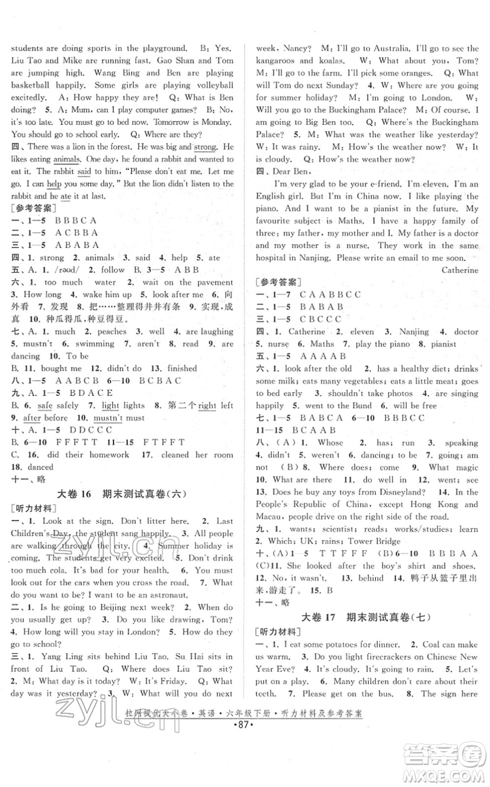 福建人民出版社2022拉網(wǎng)提優(yōu)大小卷六年級英語下冊YL譯林版答案