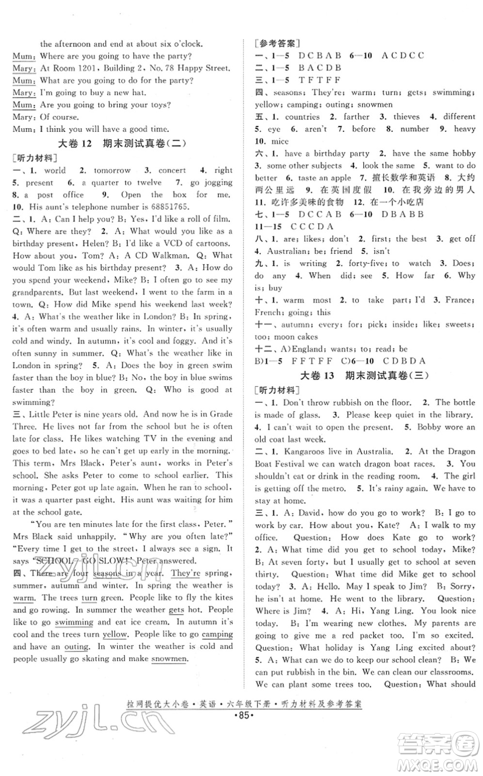 福建人民出版社2022拉網(wǎng)提優(yōu)大小卷六年級英語下冊YL譯林版答案