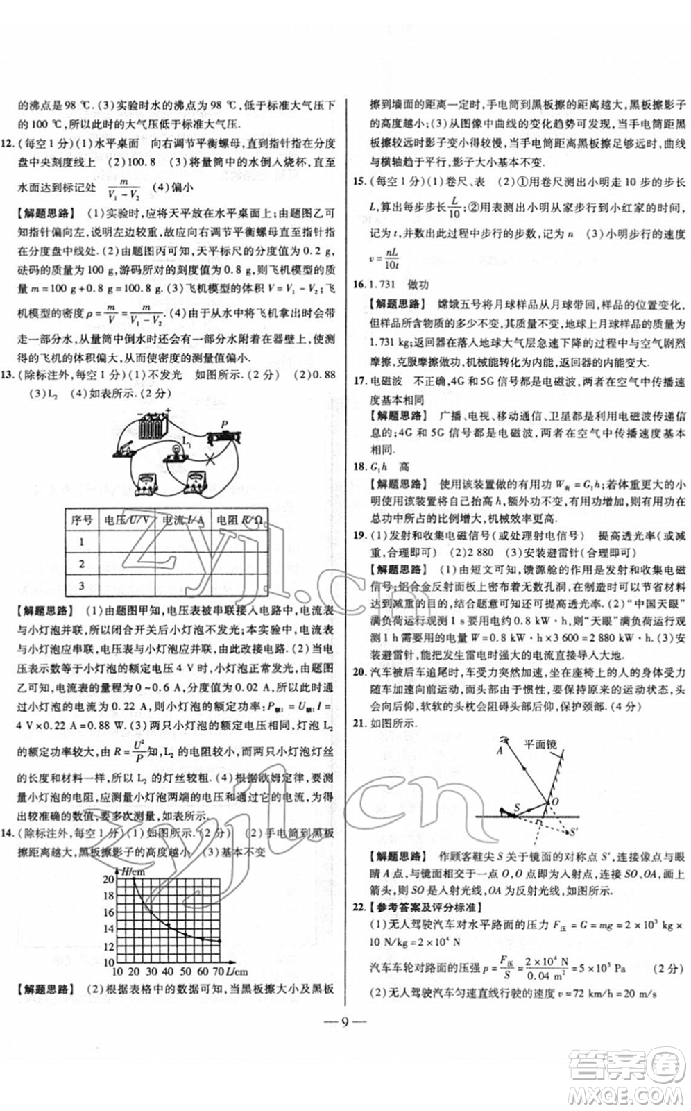 延邊大學(xué)出版社2022山西中考試題精選及詳解九年級物理人教版答案