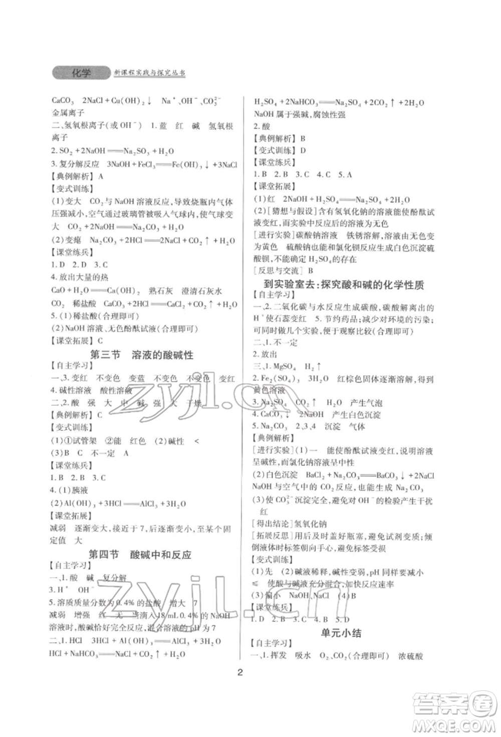 四川教育出版社2022新課程實(shí)踐與探究叢書(shū)九年級(jí)下冊(cè)化學(xué)山東教育版參考答案