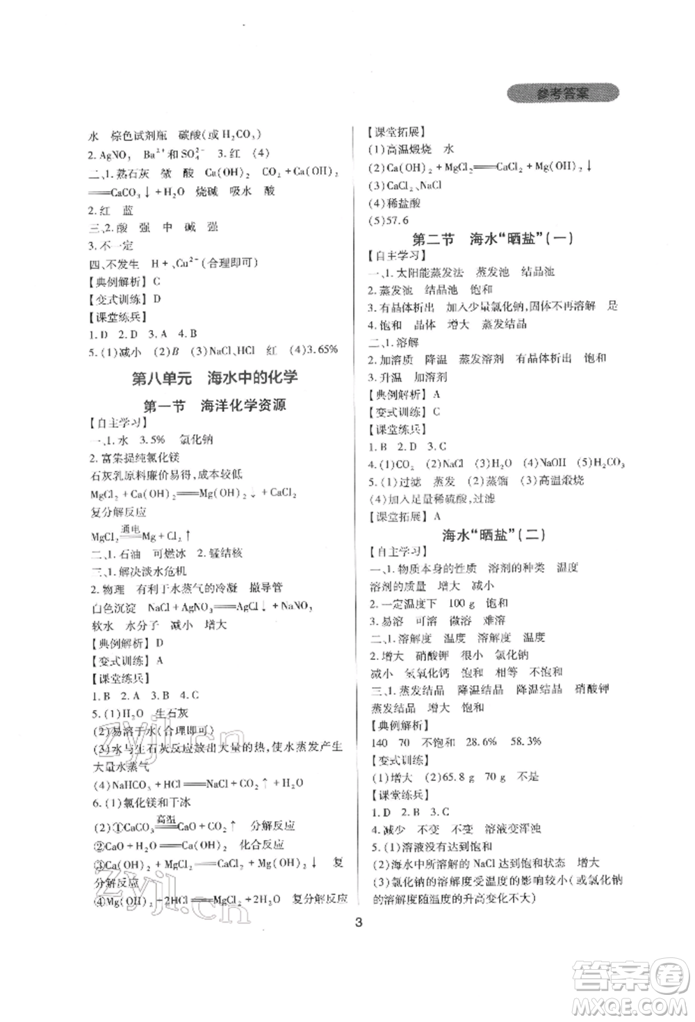 四川教育出版社2022新課程實(shí)踐與探究叢書(shū)九年級(jí)下冊(cè)化學(xué)山東教育版參考答案