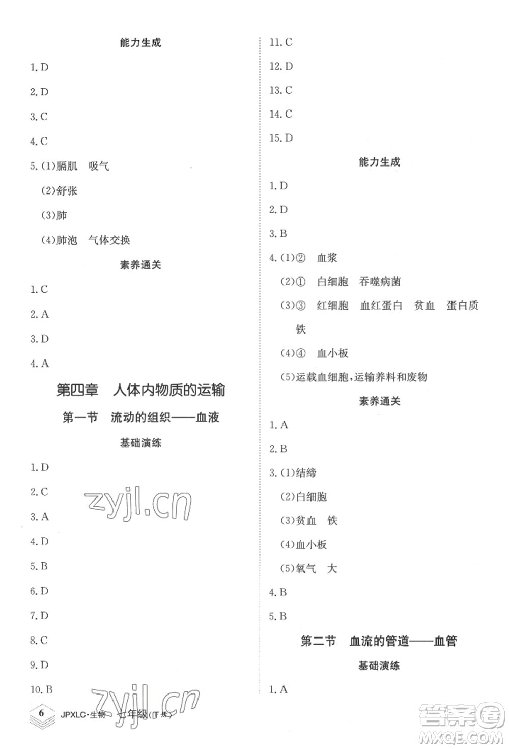 江西高校出版社2022金牌學(xué)練測七年級下冊生物人教版參考答案