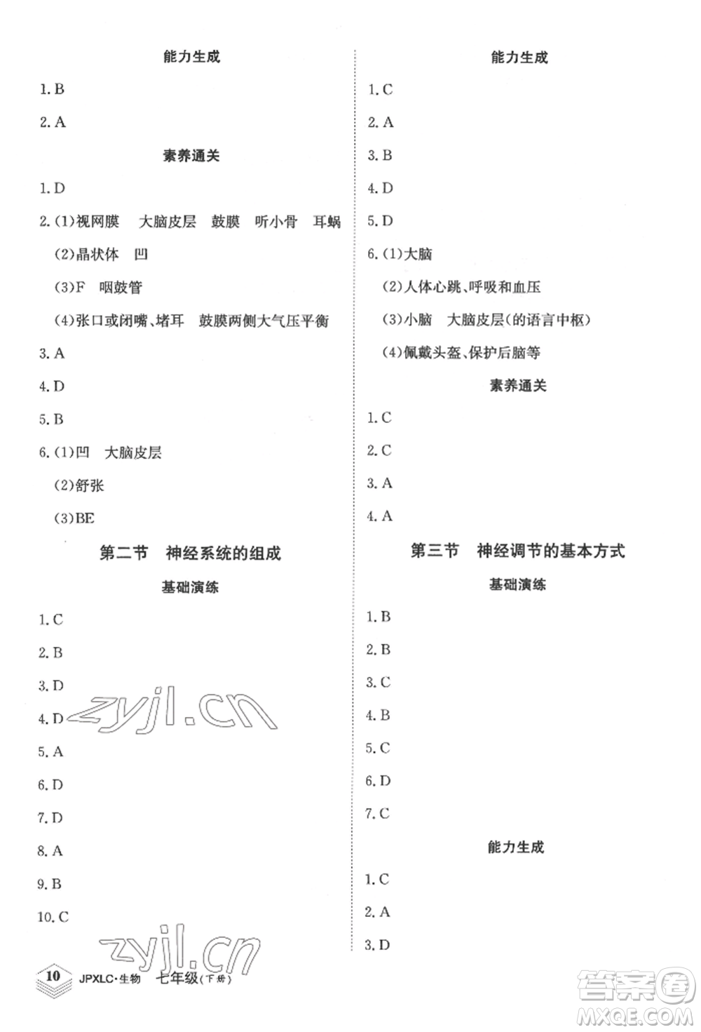 江西高校出版社2022金牌學(xué)練測七年級下冊生物人教版參考答案