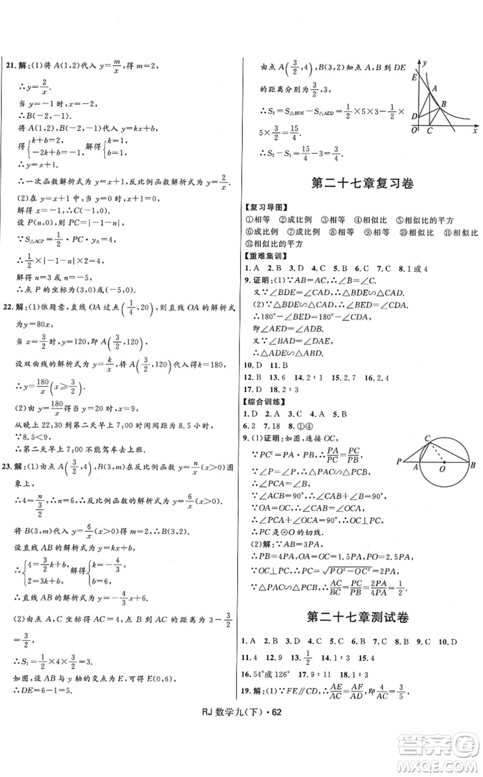 河北少年兒童出版社2022奪冠百分百初中優(yōu)化測試卷九年級數(shù)學(xué)下冊RJ人教版答案