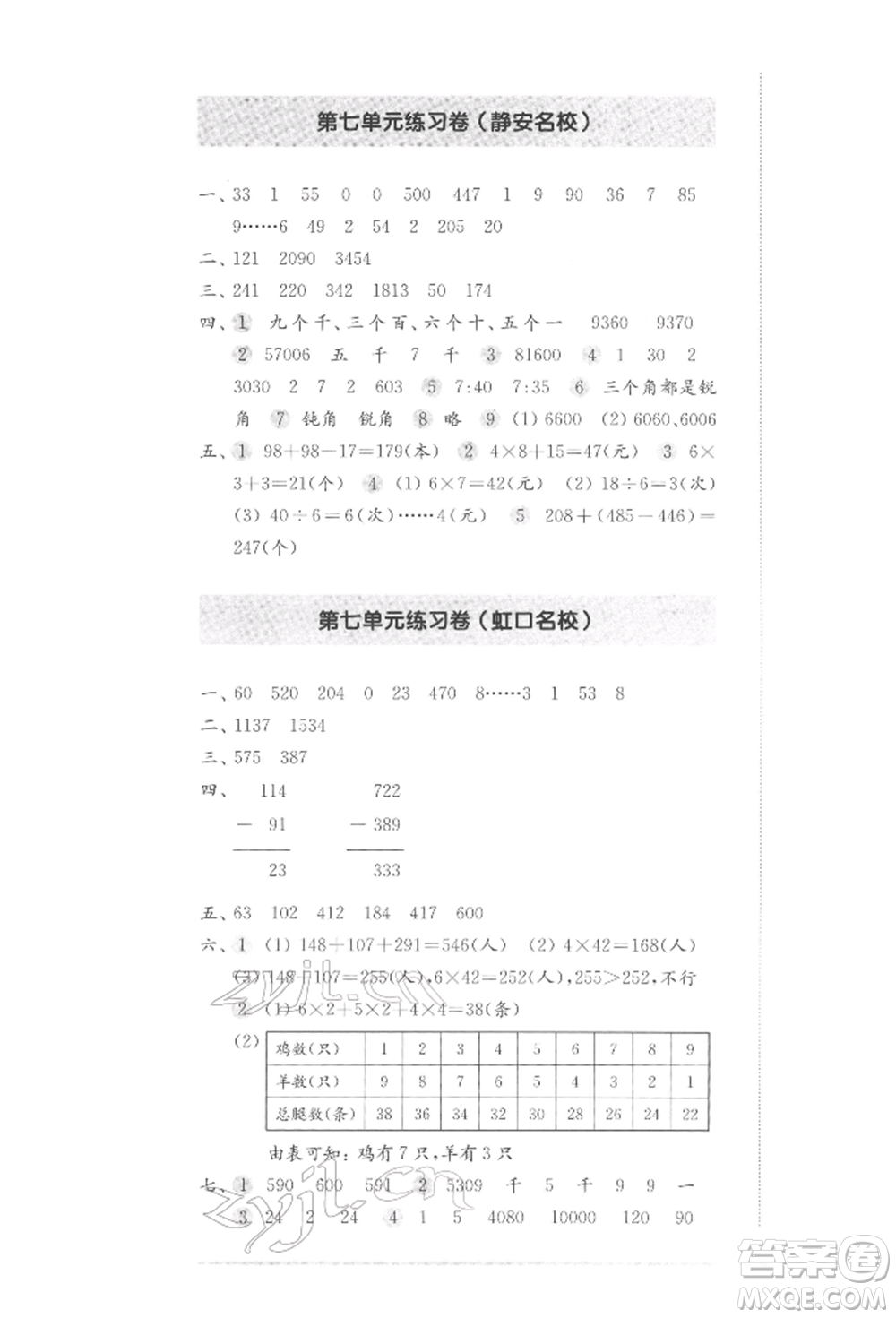 華東師范大學(xué)出版社2022上海名校名卷二年級下冊數(shù)學(xué)滬教版參考答案