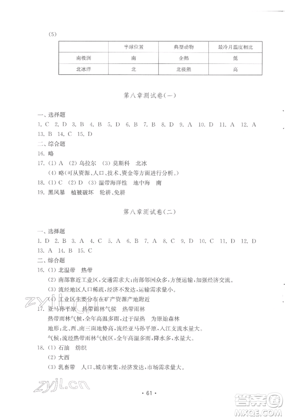 山東教育出版社2022初中基礎(chǔ)訓(xùn)練七年級下冊地理湘教版參考答案