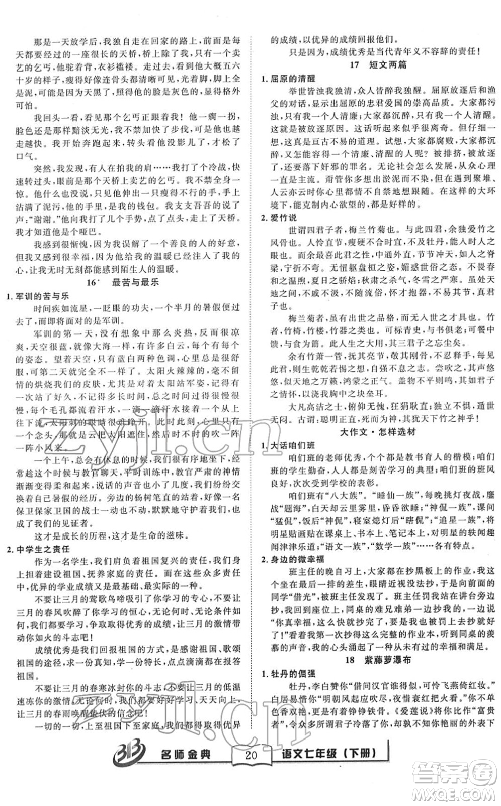 云南科技出版社2022名師金典BFB初中課時(shí)優(yōu)化七年級(jí)語(yǔ)文下冊(cè)R人教版答案