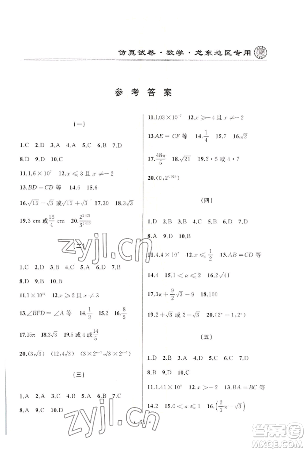 延邊人民出版社2022仿真試卷數(shù)學(xué)通用版龍東地區(qū)專版參考答案