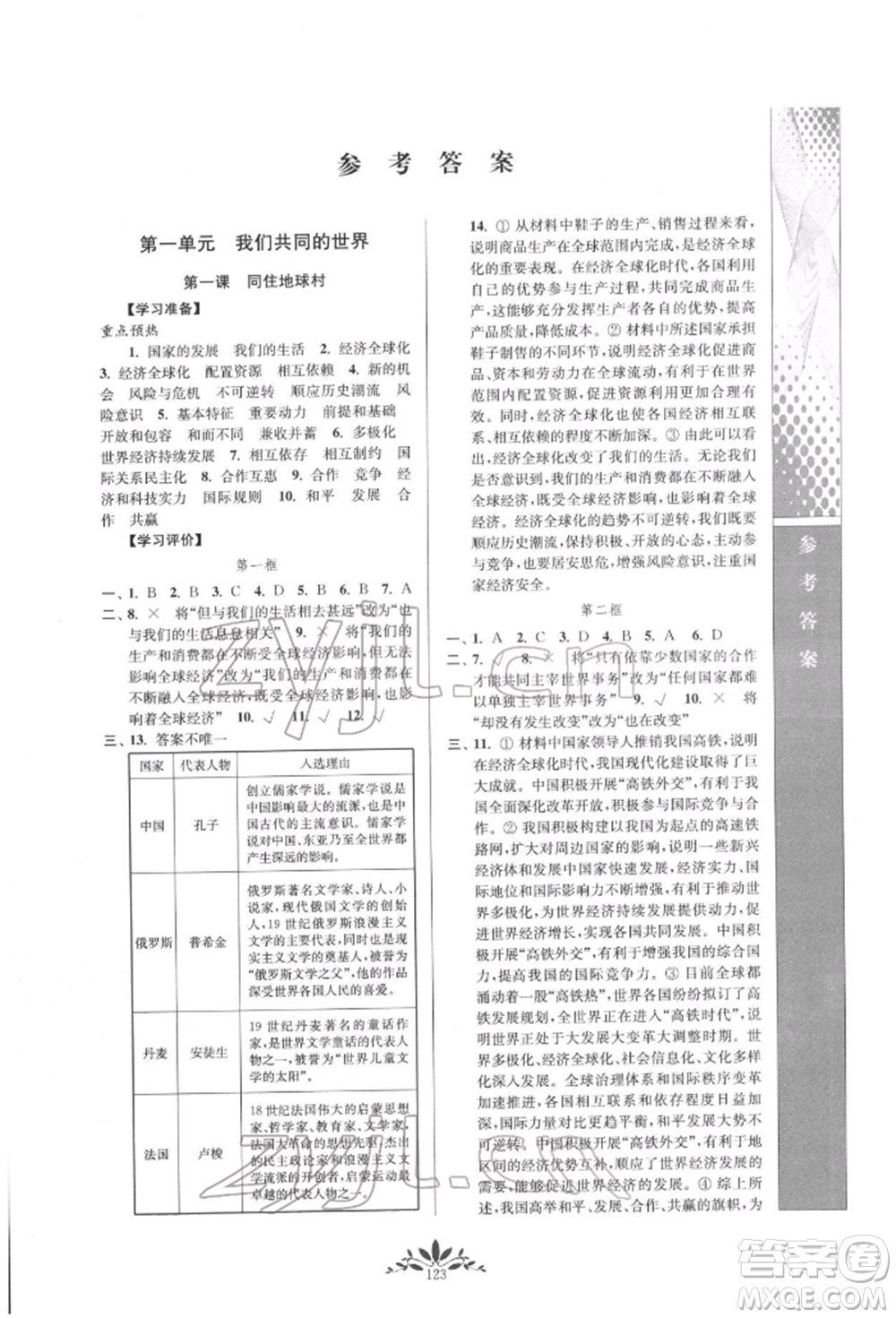 南京師范大學(xué)出版社2022新課程自主學(xué)習(xí)與測評九年級(jí)下冊道德與法治人教版參考答案