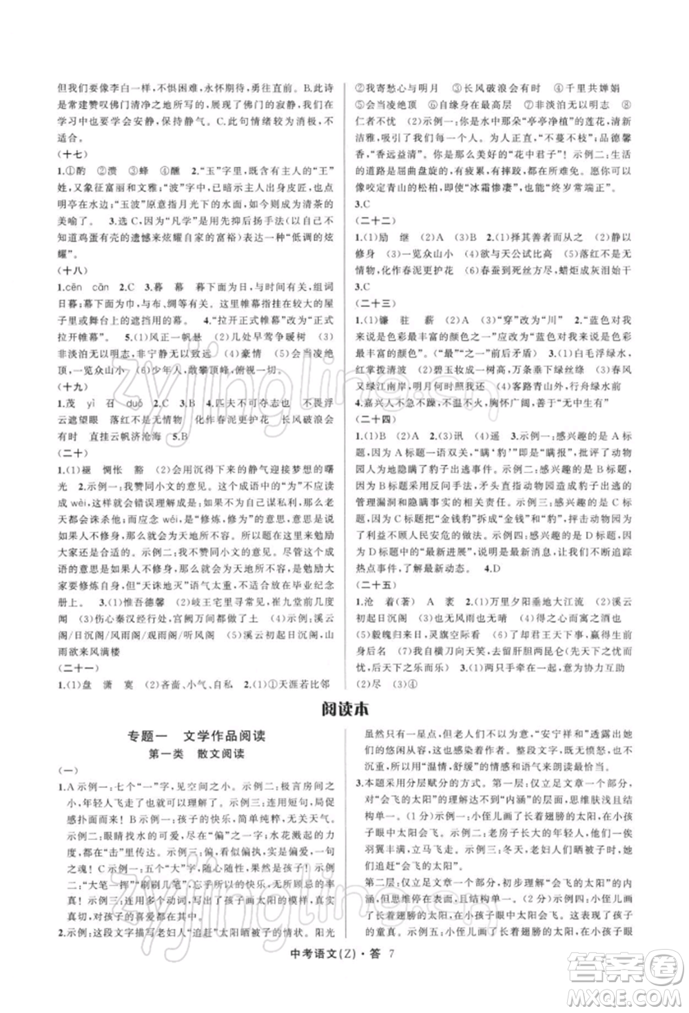 浙江工商大學(xué)出版社2022名師面對(duì)面中考滿分特訓(xùn)方案語文通用版浙江專版參考答案