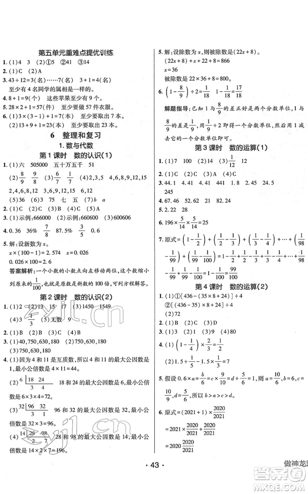 新疆青少年出版社2022同行課課100分過關(guān)作業(yè)六年級數(shù)學(xué)下冊RJ人教版答案