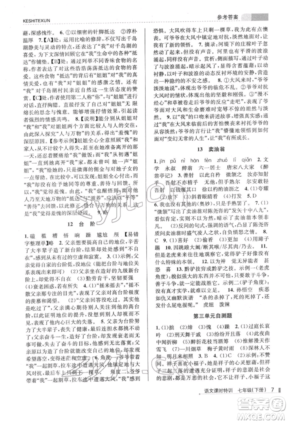 浙江人民出版社2022課時特訓(xùn)七年級下冊語文人教版參考答案