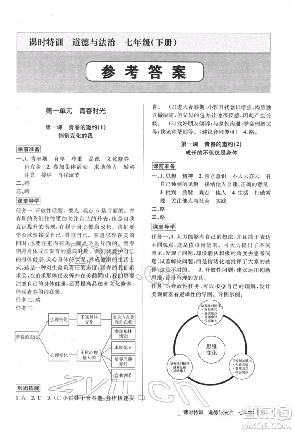 浙江人民出版社2022課時特訓(xùn)七年級下冊道德與法治通用版參考答案