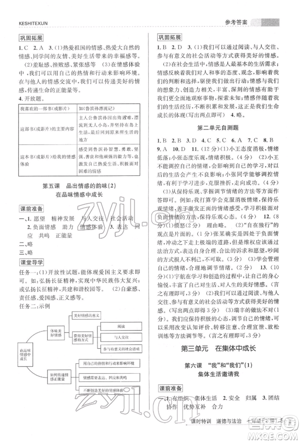 浙江人民出版社2022課時特訓(xùn)七年級下冊道德與法治通用版參考答案