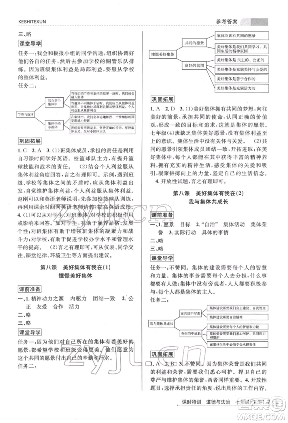 浙江人民出版社2022課時特訓(xùn)七年級下冊道德與法治通用版參考答案