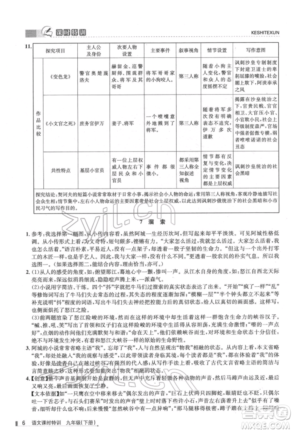 浙江人民出版社2022課時特訓九年級下冊語文人教版參考答案