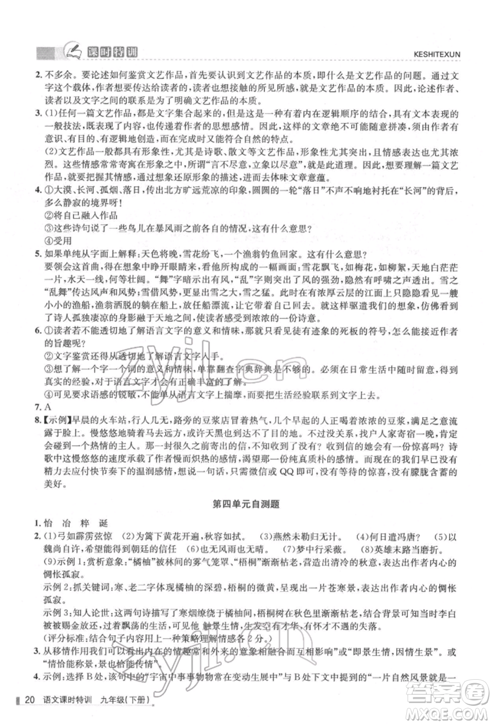 浙江人民出版社2022課時特訓九年級下冊語文人教版參考答案