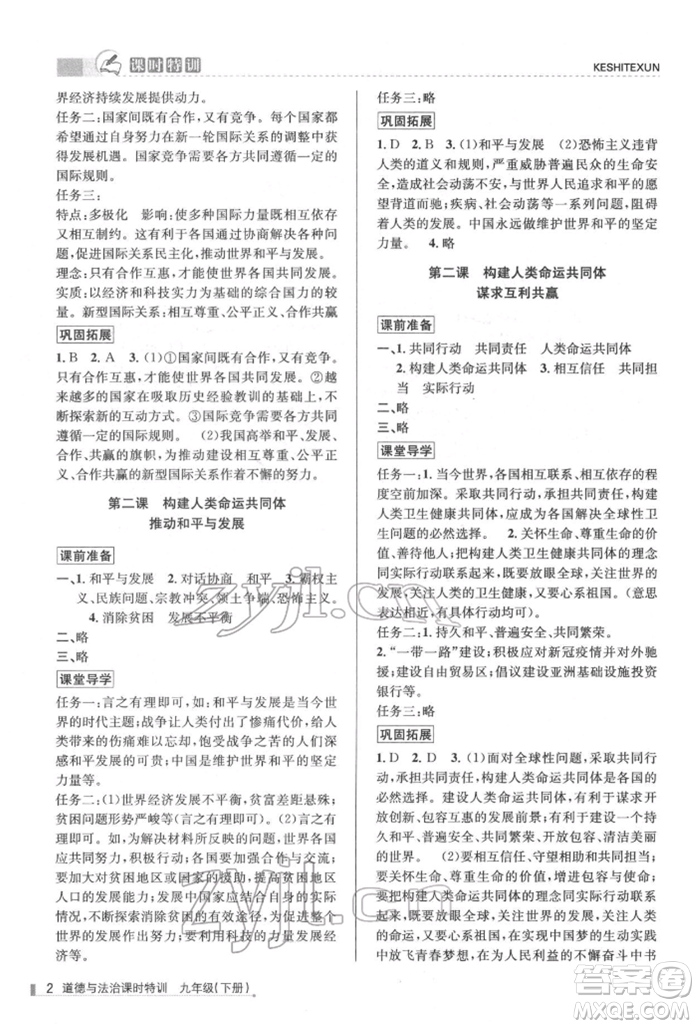 浙江人民出版社2022課時特訓(xùn)九年級下冊道德與法治通用版參考答案