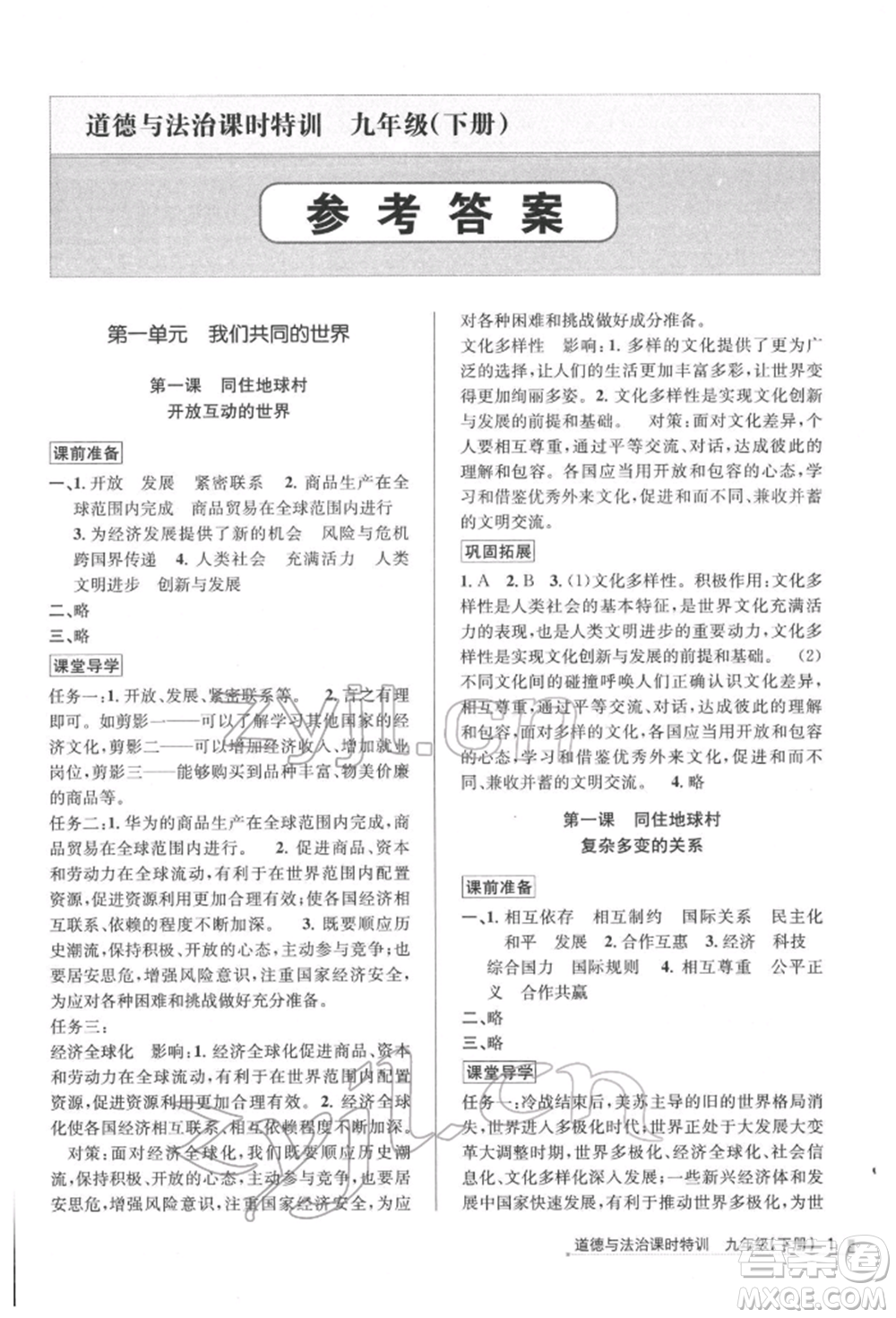 浙江人民出版社2022課時特訓(xùn)九年級下冊道德與法治通用版參考答案