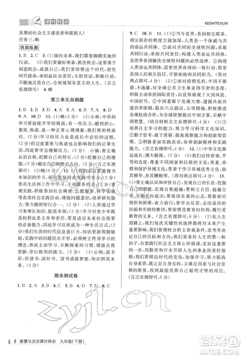 浙江人民出版社2022課時特訓(xùn)九年級下冊道德與法治通用版參考答案