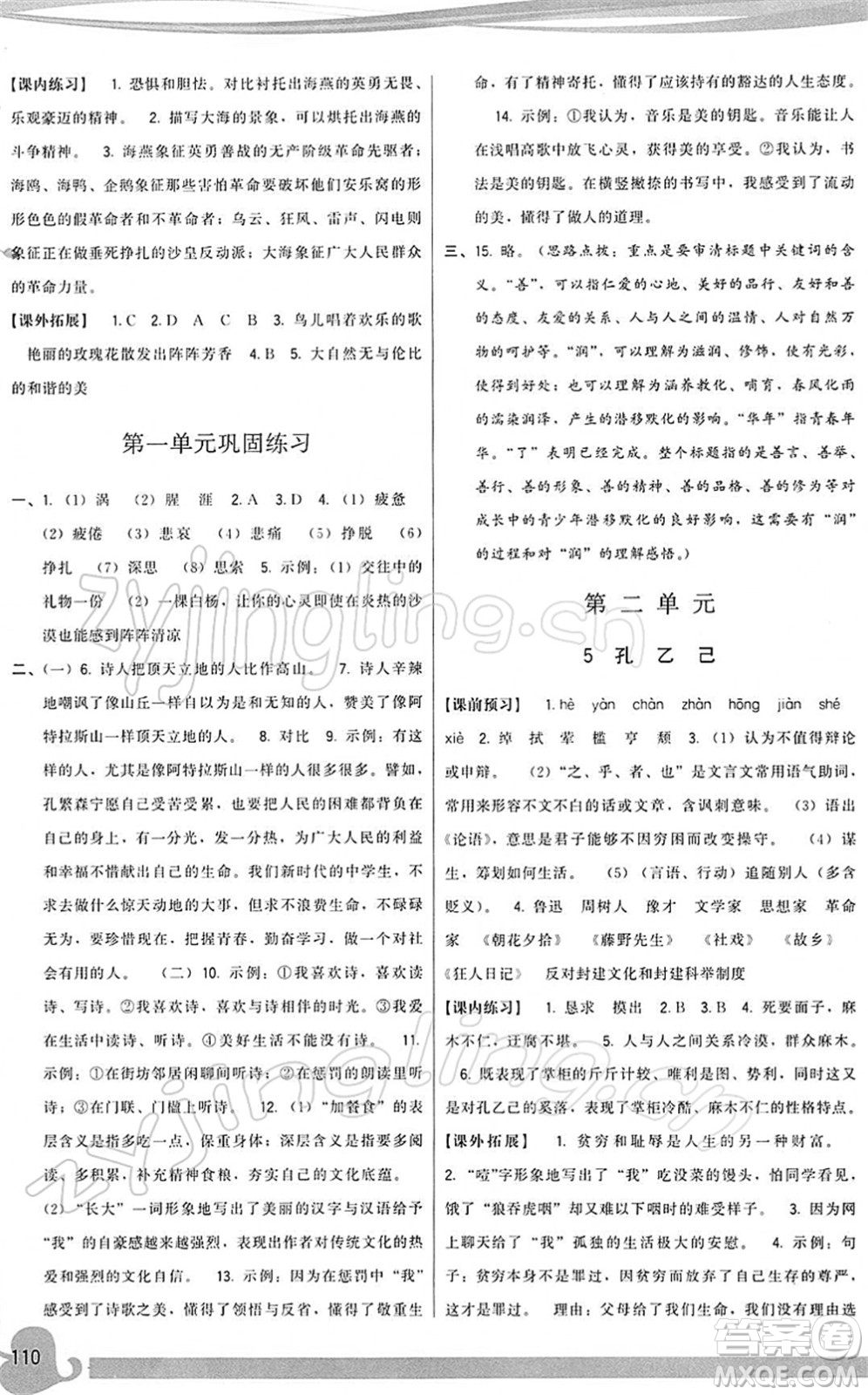 福建人民出版社2022頂尖課課練九年級(jí)語文下冊(cè)人教版答案