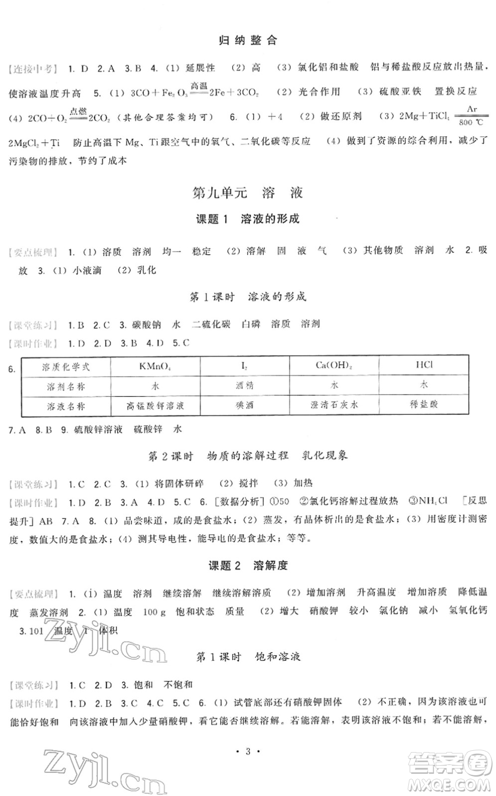 福建人民出版社2022頂尖課課練九年級化學下冊人教版答案