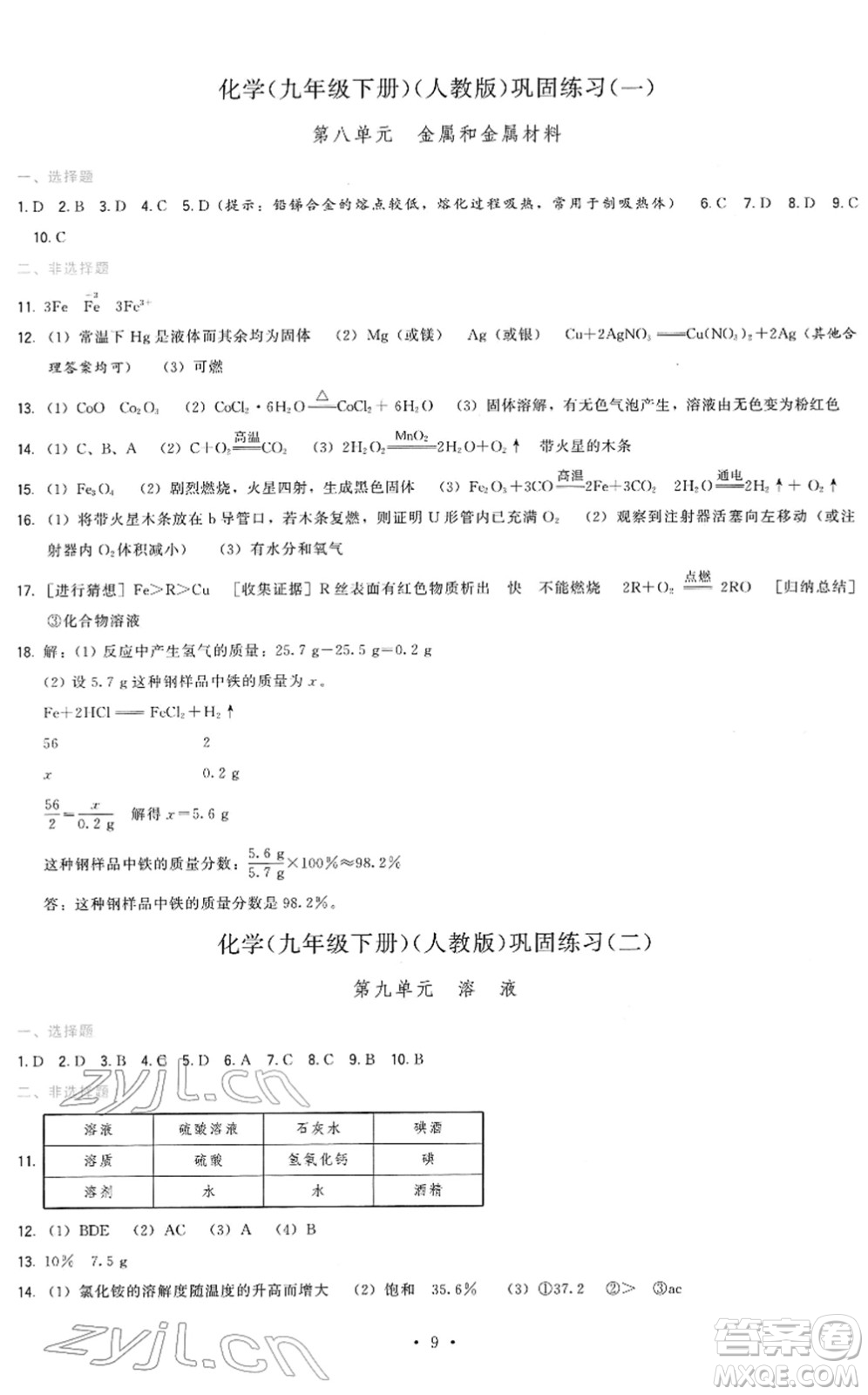 福建人民出版社2022頂尖課課練九年級化學下冊人教版答案