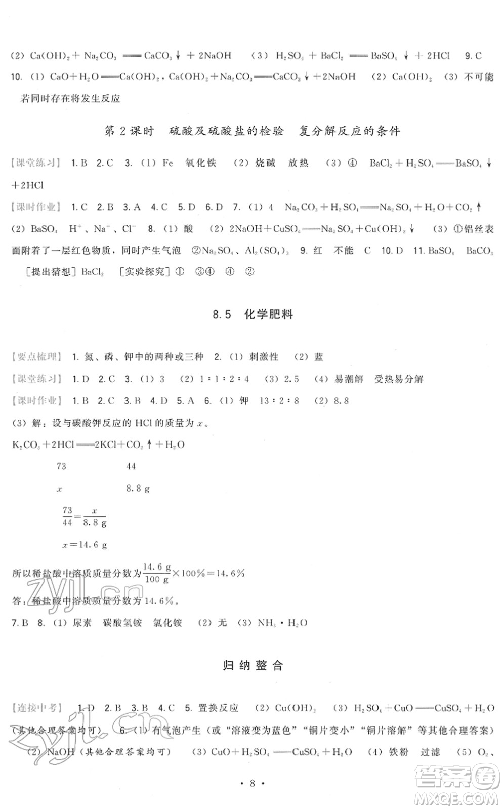 福建人民出版社2022頂尖課課練九年級化學下冊科學版答案