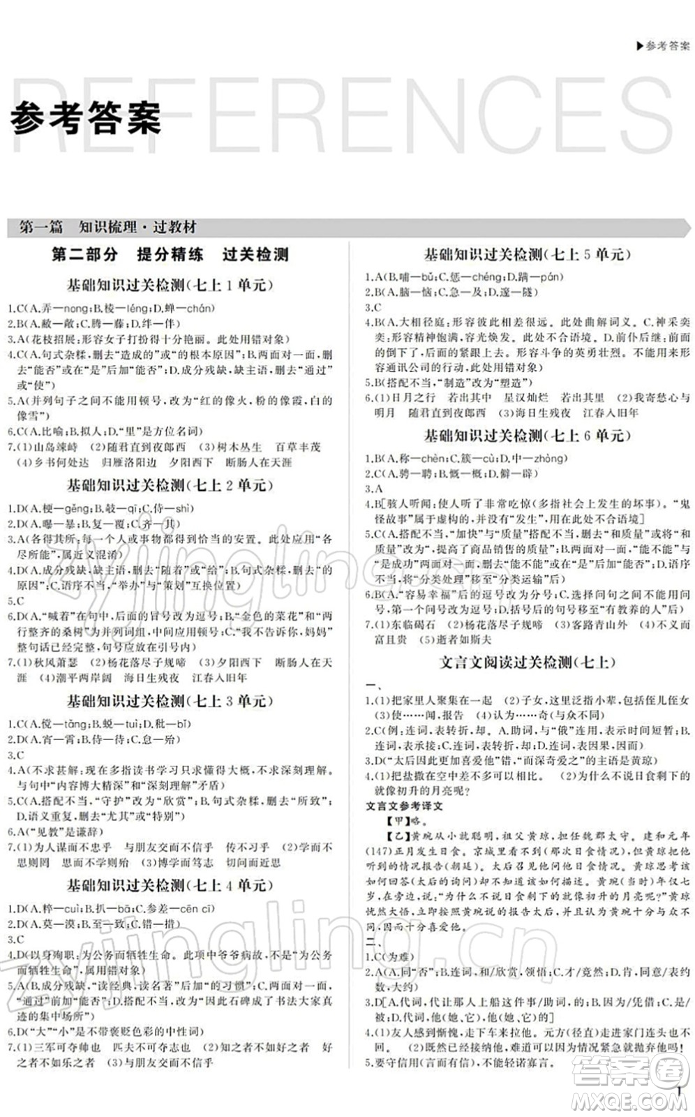 內蒙古大學出版社2022超越中考九年級語文下冊人教版答案