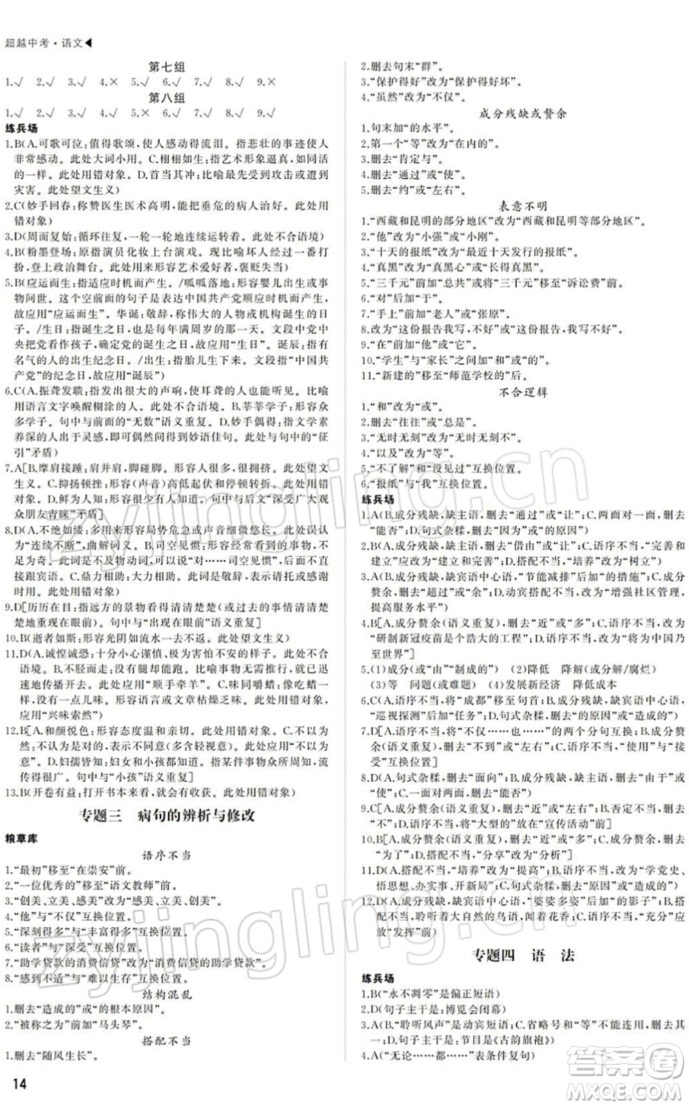 內蒙古大學出版社2022超越中考九年級語文下冊人教版答案