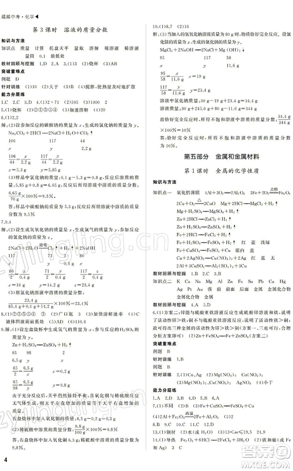 內蒙古大學出版社2022超越中考九年級化學下冊人教版答案