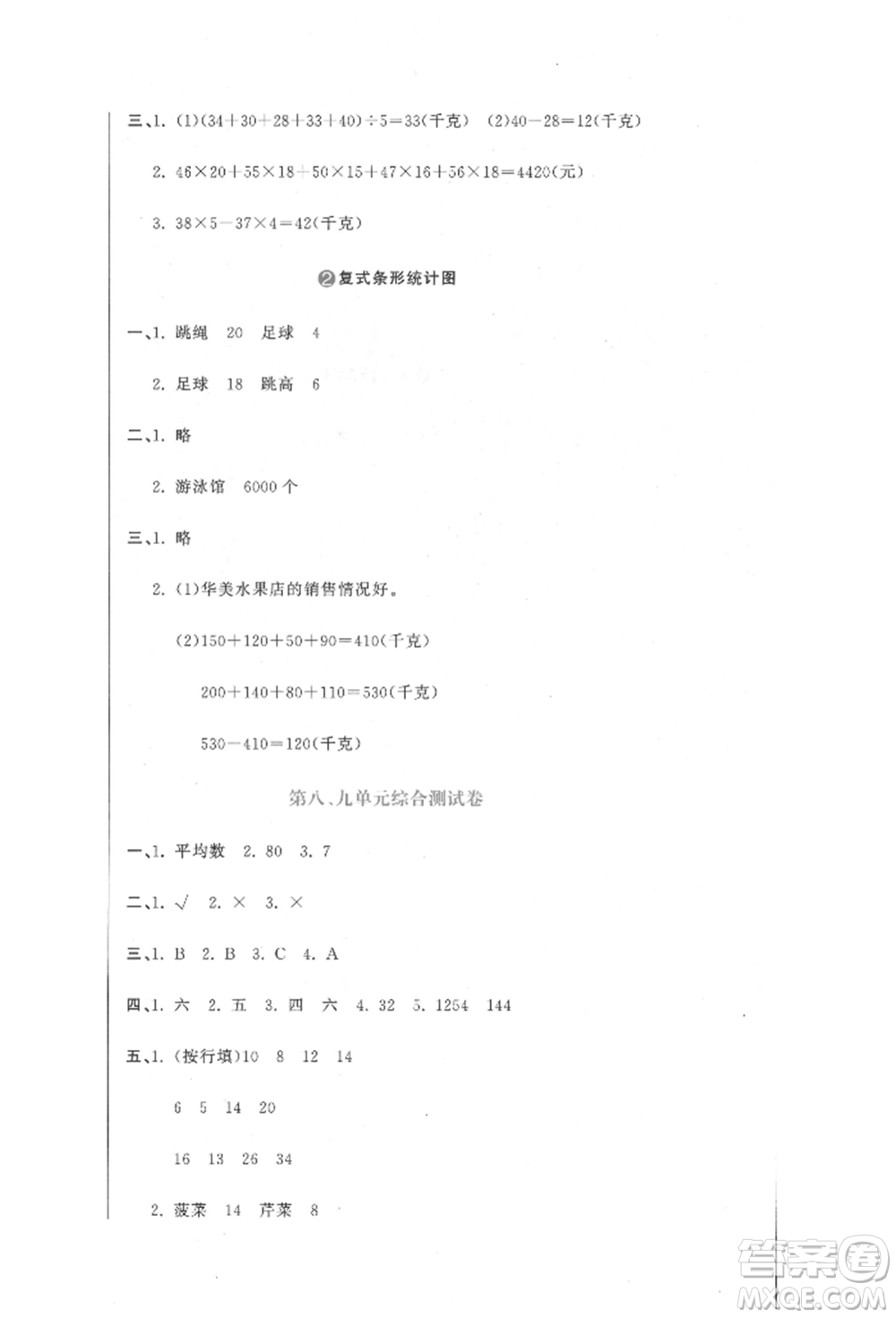 北京教育出版社2022提分教練優(yōu)學導練測試卷四年級下冊數學人教版參考答案